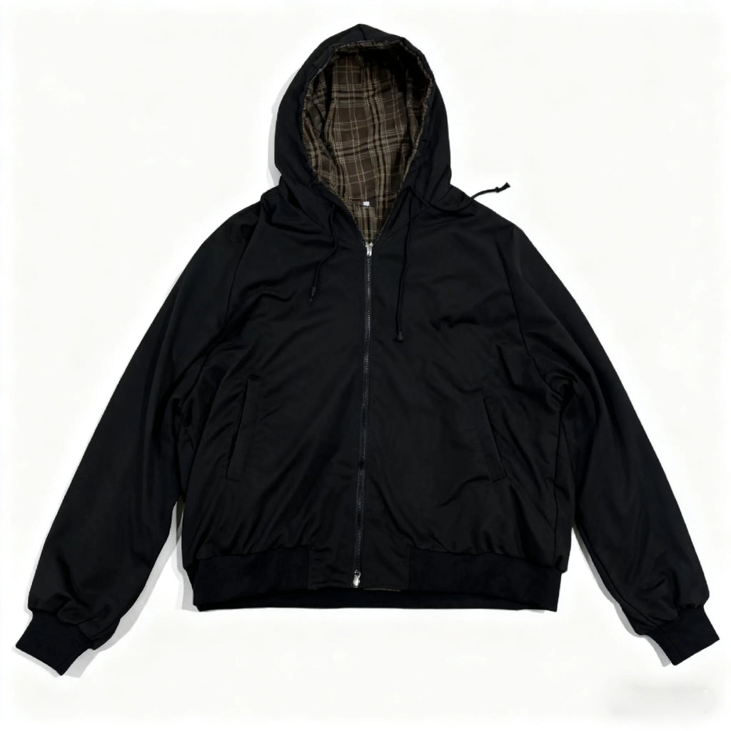 STORESDE Streetwear Casual Black Reversible Zip Up Hoodie Men Women Heavy Plaid Lining Detail Fashion Coat Top Loose Fit Soft Y2K