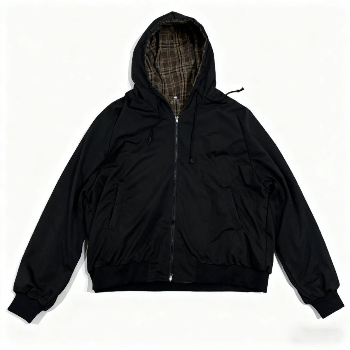STORESDE Streetwear Casual Black Reversible Zip Up Hoodie Men Women Heavy Plaid Lining Detail Fashion Coat Top Loose Fit Soft Y2K