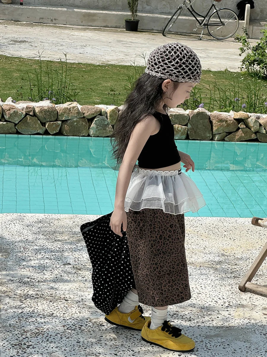 STORESDE Girl Pants 2025 Summer New Childrens Clothing Korean Style Girl Baby Retro Leopard Print Wide Leg Cargo Pants Casual Daily