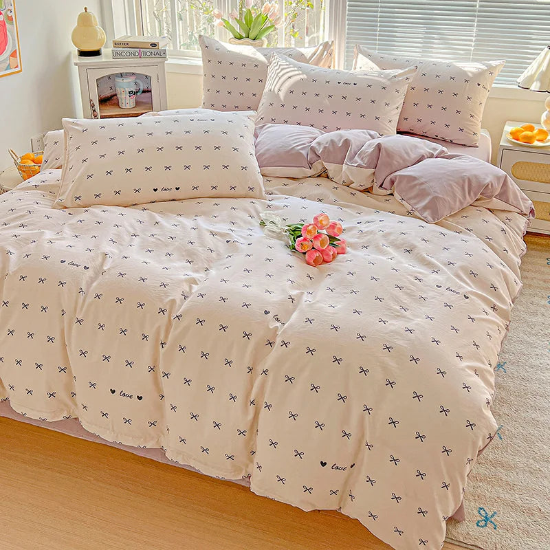 STORESDE American Pastoral Floral Printed Bedding Set Soft Skin-Friendly Double King Size Duvet Cover Set with Flat Sheet and Pillowcases