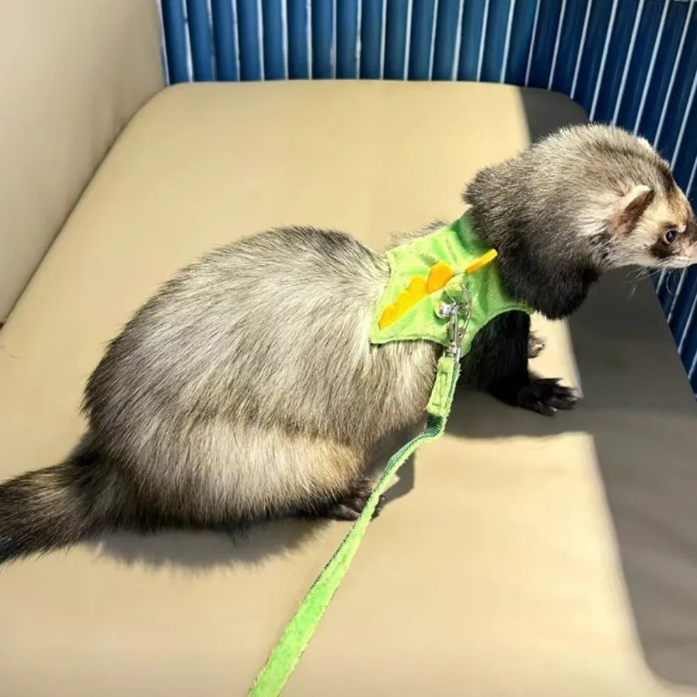 STORESDE Soft Cartoon Ferret Vest Harness Adjustable Flannel Hamster Chest Strap Dragon Design with Bell Ferret Traction Rope Training