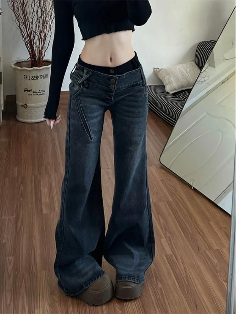 STORESDE American Retro Low Waisted Jeans for Women's New Style Loose and Personalized Spicy Girl Design Washed Micro Flared Pants