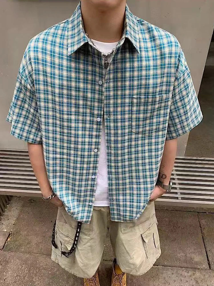 STORESDE Summer Short Sleeve Plaid Shirt Women American Vintage Loose Single Breasted Casual Blouse Bf Harajuku All Match Lapel Tops