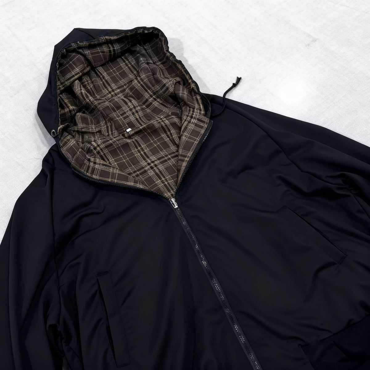 STORESDE Y2K Womens Black Hooded Zipper Reversible Jacket Brown Plaid Lining Couples Style Casual Comfort Classic Versatile Cozy Warm