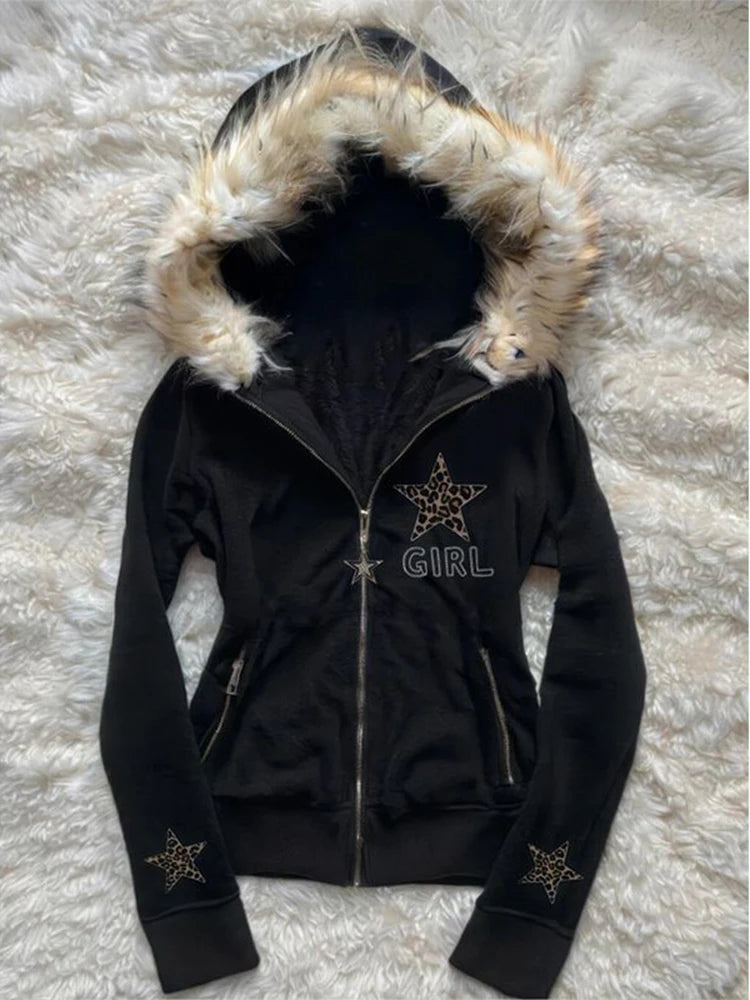 STORESDE Vintage American Retro White Letter Hoodie Women Winter Faux Fur Lined Zip Up Sweatshirt Cozy Pullover Streetwear 2026 new