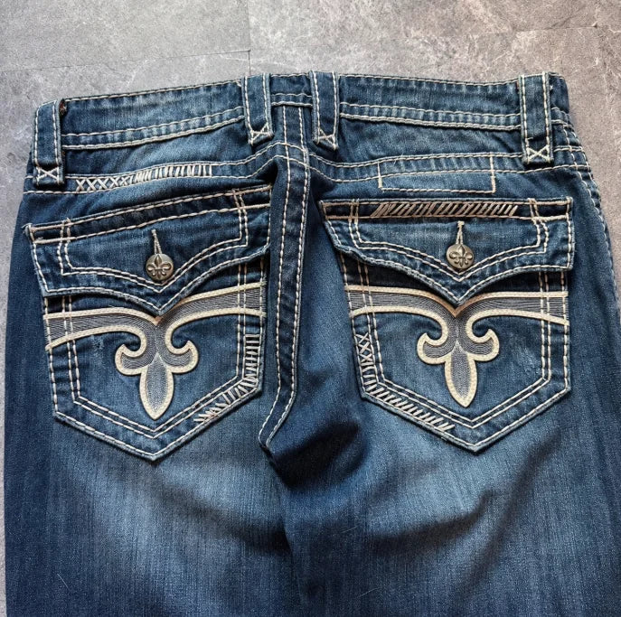 STORESDE Retro Heavy Industry Embroidered Women High Waist Straight Bootcut Jeans Y2k Street Washed Blue Pants Spicy Girl Fashion Jeans