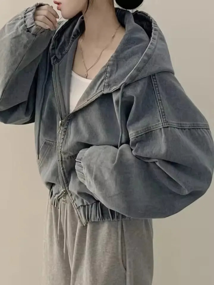 STORESDE Women's Short Denim Jacket Loose Long Sleeved Casual Fashion Fall  Retro Zipper Design Hoodie Outerwear Versatile Outwear