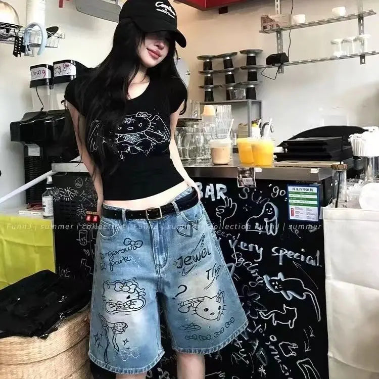 STORESDE New 2025 Sanrio Summer High Street Style Denim Jeans Shorts Light Blue Straight Girls Deni Shorts Jeans Fashion Casual Jeans