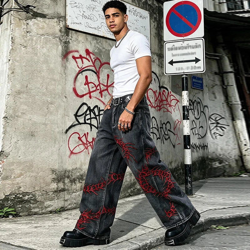 STORESDE Men's Jeans with Three-Dimensional Animal embroidery, Heavy Craftsmanship, Loose and Versatile Street Style Men's Trousers