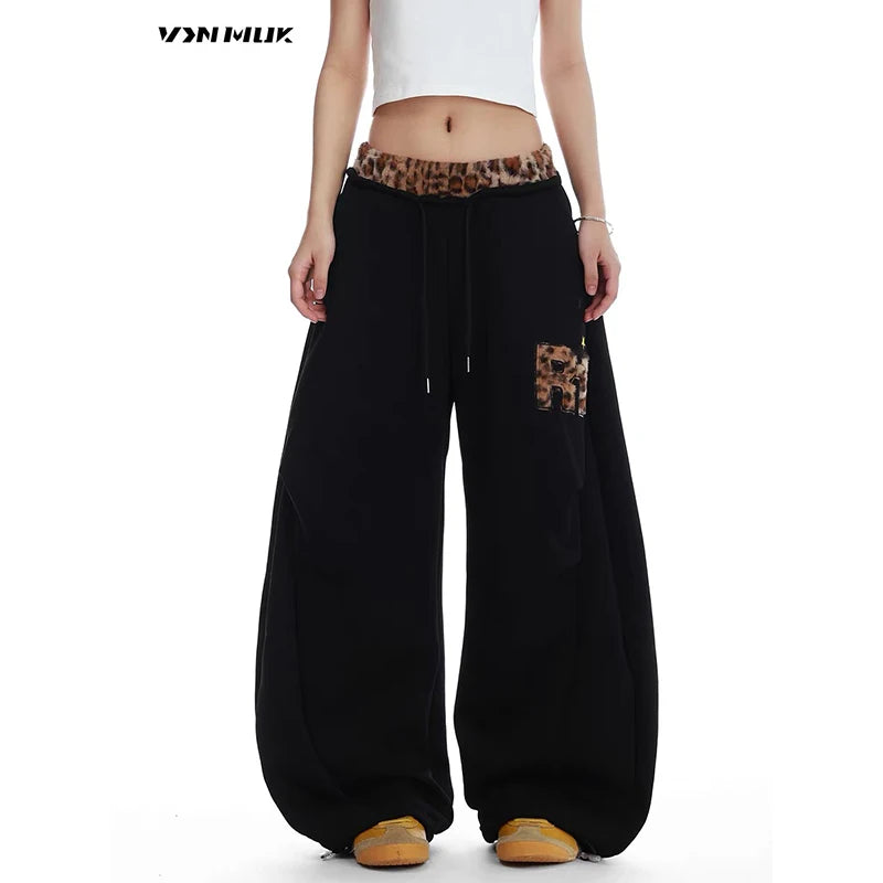 STORESDE ZHIZOU Women Brown Sweatpants Baggy Leopard Patchwork Pants Harajuku Aesthetic 2000s Style Y2k Vintage Oversize Trousers Autumn