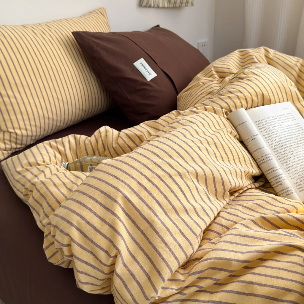 STORESDE Japanese Style 100% Cotton Bedding Set King Queen Size Minimalist Striped Duvet Cover Set Comforter Cover Bed Sheet Pillow Cases
