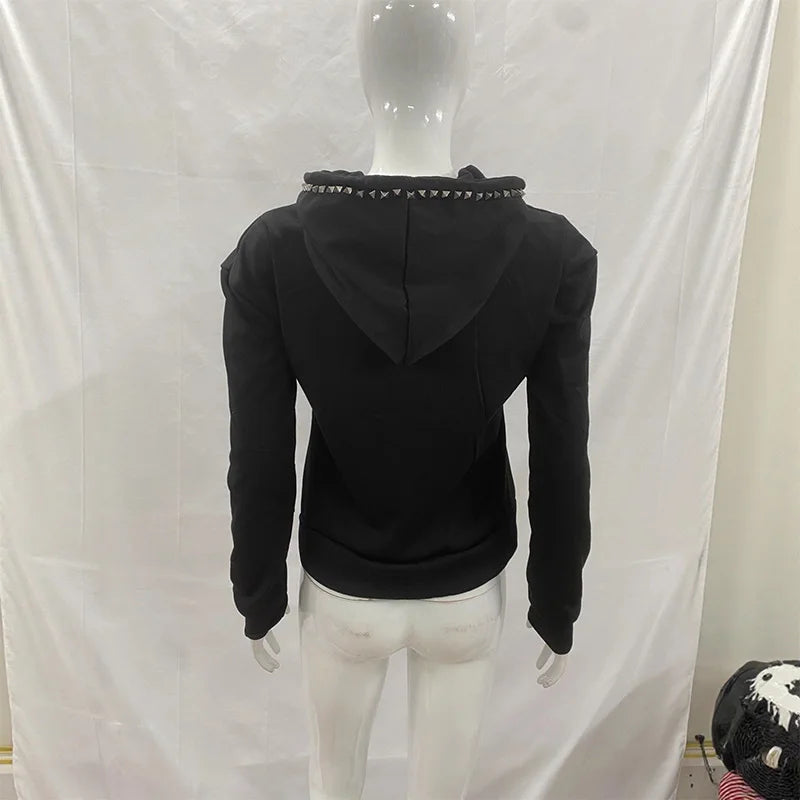 STORESDE Y2K New Emo Fashion Rivet Zipper Hoodie Women Harajuku Black Oversized Hoodie Gothic Retro Classic Sweatshirt Winter Clothing