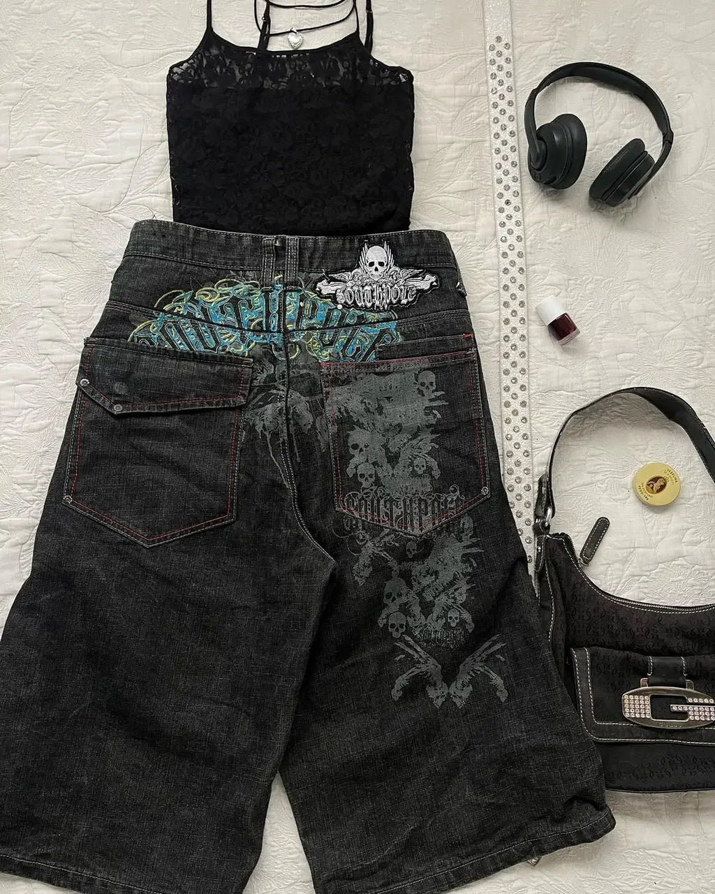 STORESDE Summer Black Skull Pattern Print Retro Men's Denim Shorts Y2K Street Jeans Sports Pants Commuting Casual Men's Wear