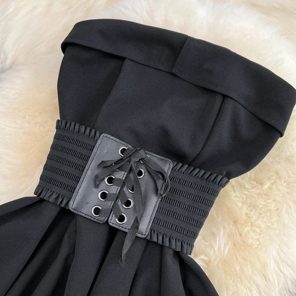 STORESDE 2pcs Sets Women Outfits Fashion Strapless Irregular Skinny A-line Dresses+elastic High Waist Solid Wide-leg Shorts Femme Suits