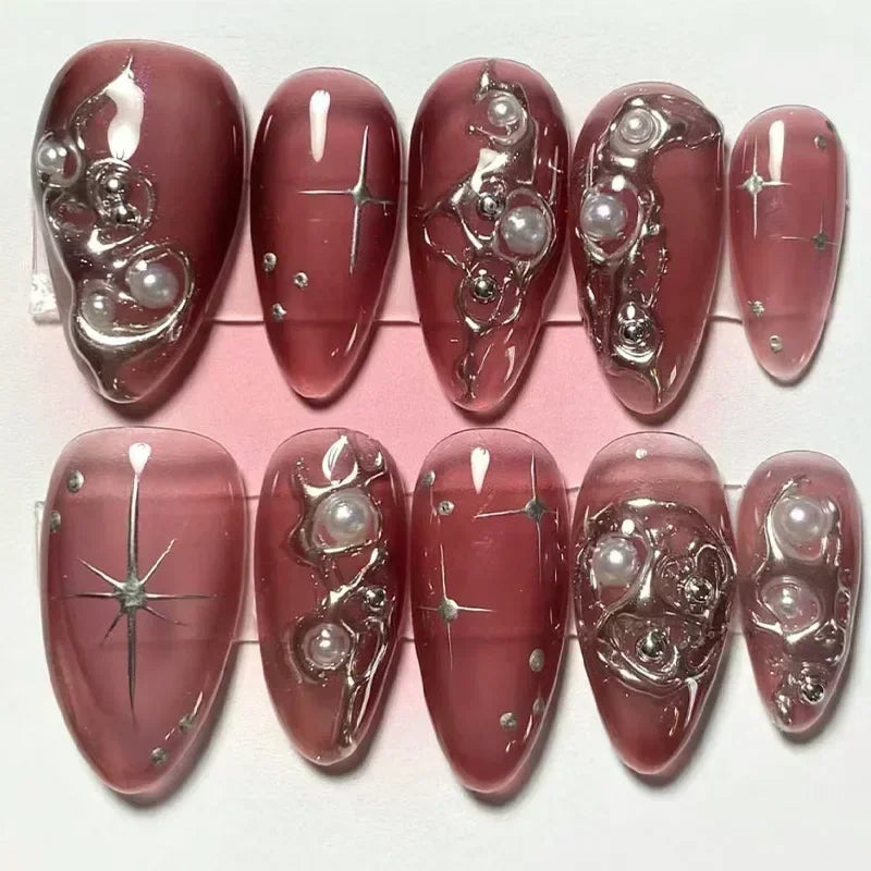 STORESDE 24Pcs Pink Almond False Nails Butterfly Ballet with French Design Wearable Fake Nails Simple Artificial Press on Nails Tips Art