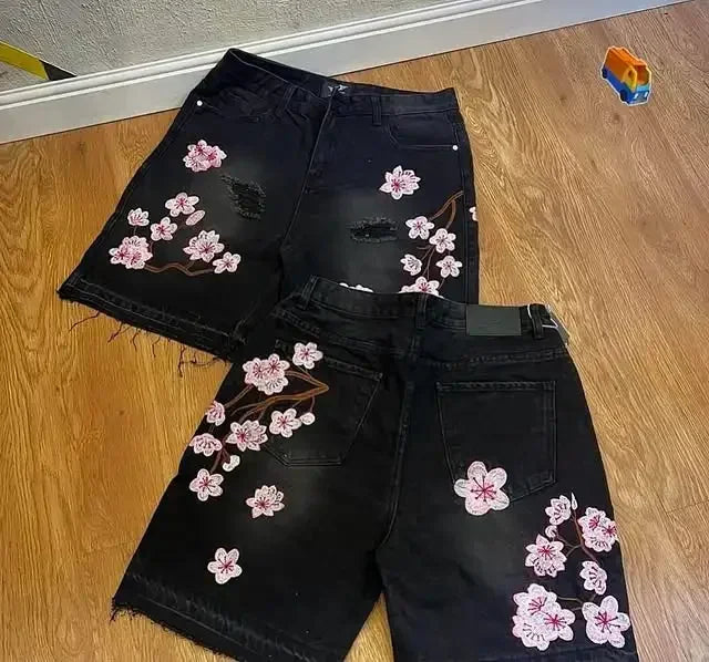 STORESDE Fashion Retro Streetwear Y2K Men Jeans Popular Patch Gothic Punk Style Shorts Embroidered Willow Nail Design Loose Casual Jeans