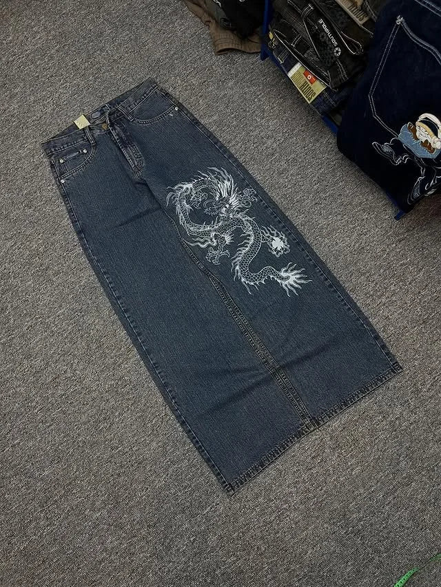 STORESDE Japanese Dragon Knitted Jeans Men Women Baggy Fit High Street Urban Casual Trendy Fashion Hip Hop Streetwear Daily Wear Style