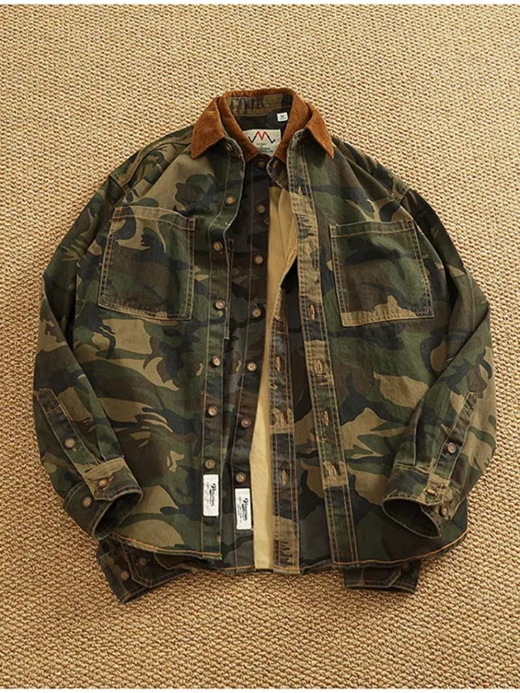 STORESDE 2025 Spring New American Retro Woven Twill Camouflage Cargo Shirt Men's 100% Cotton Washed Old Double Pocket Blouser Thin Jacket