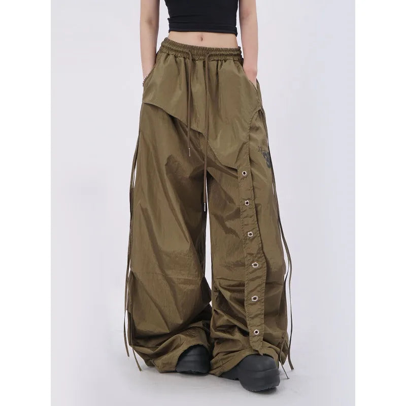 STORESDE American street quick drying retro military green work pants irregular design fake two-piece drawstring pleated casual pants