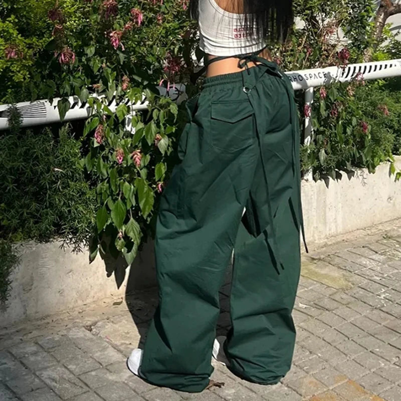 STORESDE Women American Wide Leg Pants Vintage Loose Drawstring Cargo Trousers High Waisted Jazz Hiphop Casual Summer Dance Pants