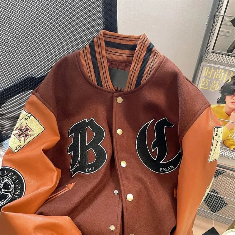 STORESDE American New Retro Letter Flocking Splicing Jacket Female Y2K High Street Fashion Hip-hop Loose Tooling Baseball Uniform Jacket