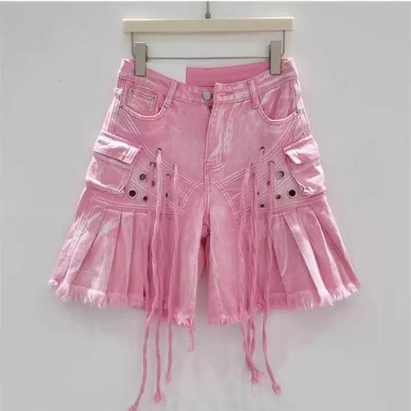 STORESDE Streetwear American Vintage Heavy Industry Washed Holes and Burrs Denim Shorts Y2 Gothic Old Multi-pocket Casual Joker Pants