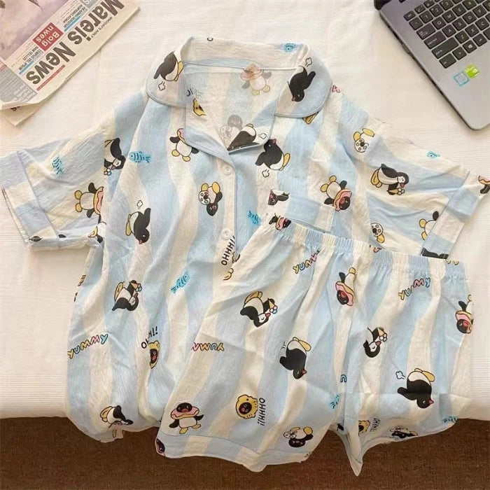 STORESDE Penguin Print Women Autumn Two Piece Pajama Set Long Sleeve V Neck Top & Elastic Waist Pants 2 Pieces Female Sleepwear Nightwear