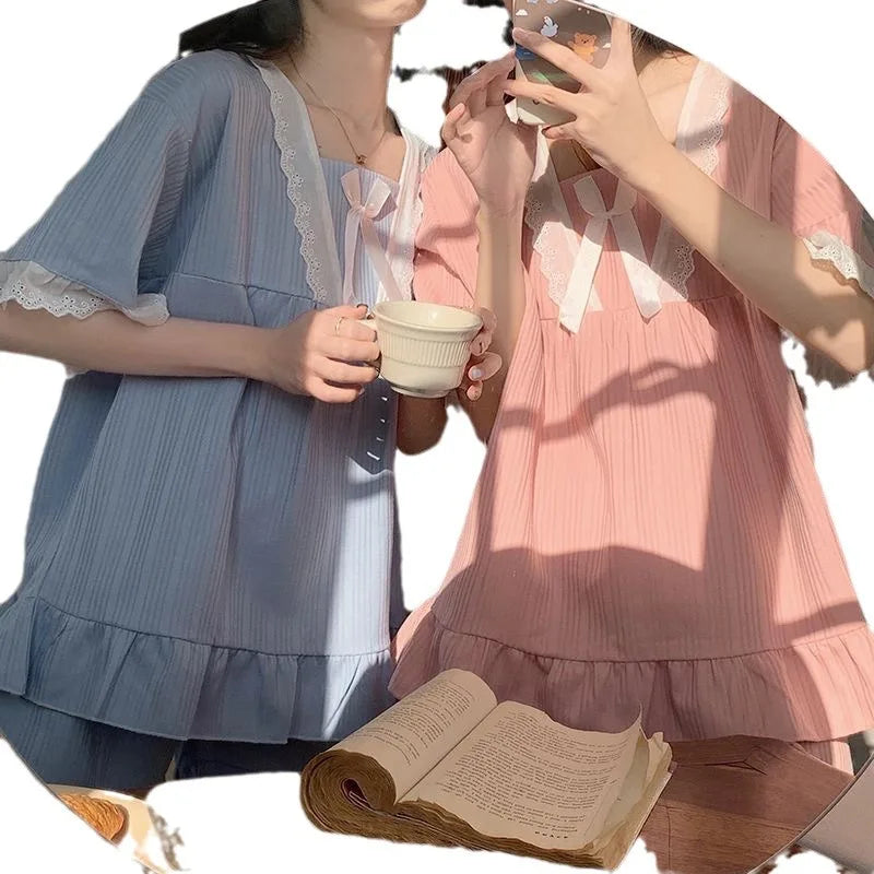 STORESDE Palace Style Pajamas Ladies Summer Loungewear Set Short-Sleeved with Cushion Korean Small Sweet Girlfriends Loungewear Set