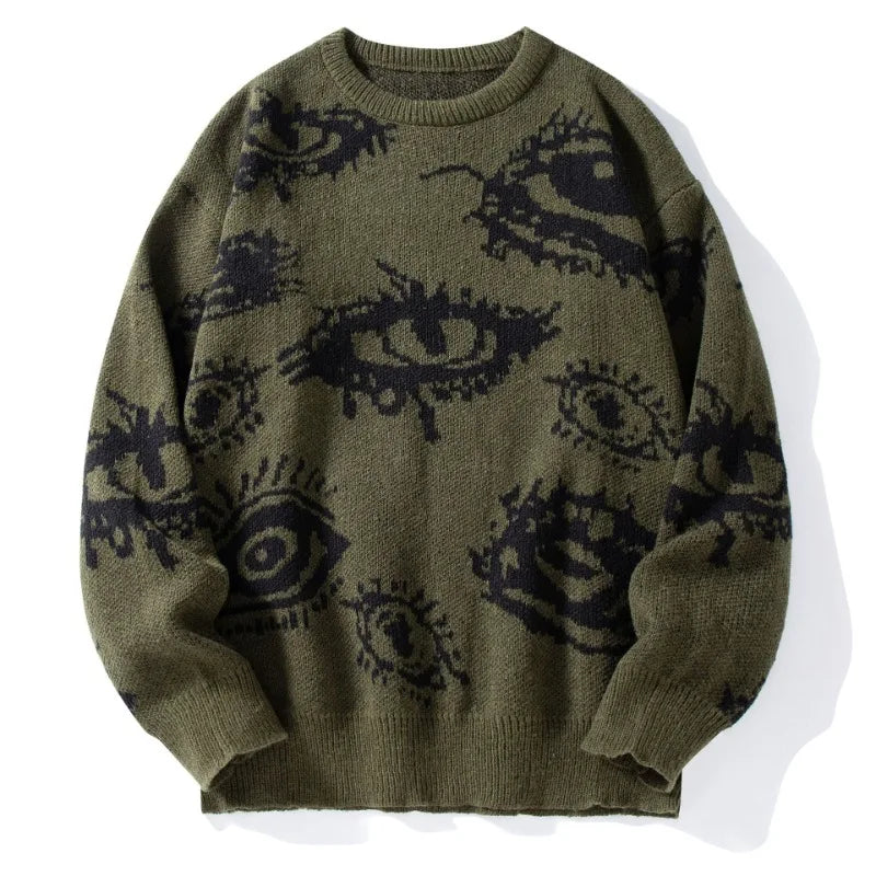 STORESDE American New Fashion Round Neck Long-sleeved Loose Sweater Sweater Jacquard Eye Pattern Hip Hop Popular Casual Couple Pullover