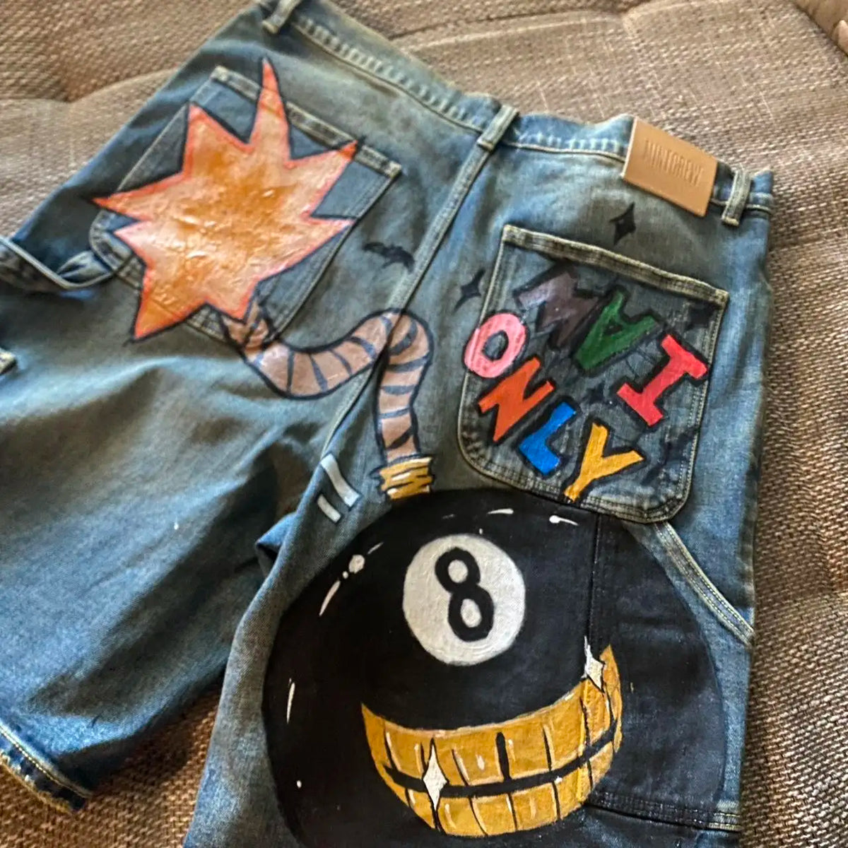 STORESDE Baggy Custom Paint Jorts Washe Number 8 Ball Denim Shorts Men Goth Y2k Harajuku Casual Sweatpants Wide Leg Short Streetwear