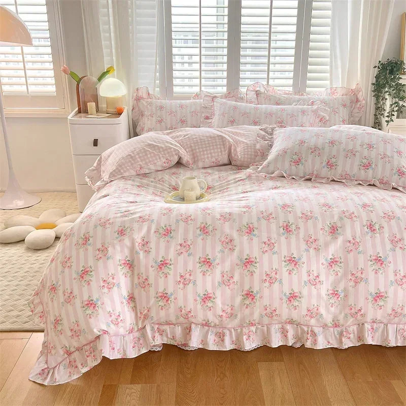 STORESDE New Ruffles 100% Cotton Duvet Cover Set or Single Duvet Covers Floral Princess Style All Cotton Quilt Cover Queen Blanket Cover
