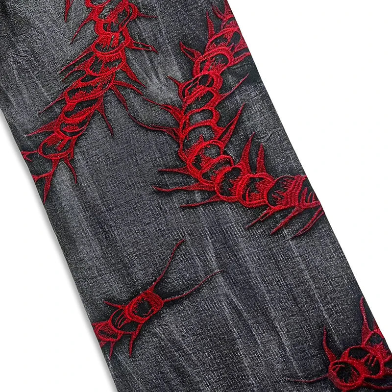 STORESDE European and American style heavy industry thorn red embroidered jeans men's washed black personalized street trousers