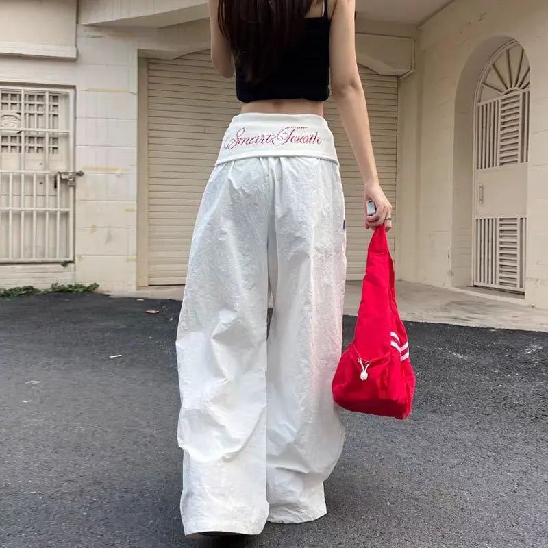 STORESDE Y2K Cargo Pants Women Streetwear Letter Diamond Baggy Sweatpants Harajuku White Wide Leg Joggers Summer Grunge Casual Trousers