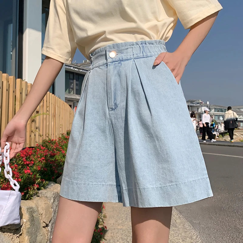 STORESDE Casual Plus Size Summer Denim Shorts Woman Loose Wide Leg Jean Baggy Shorts Women Cotton Ealstic Waist Short Pants Bermuda Femme