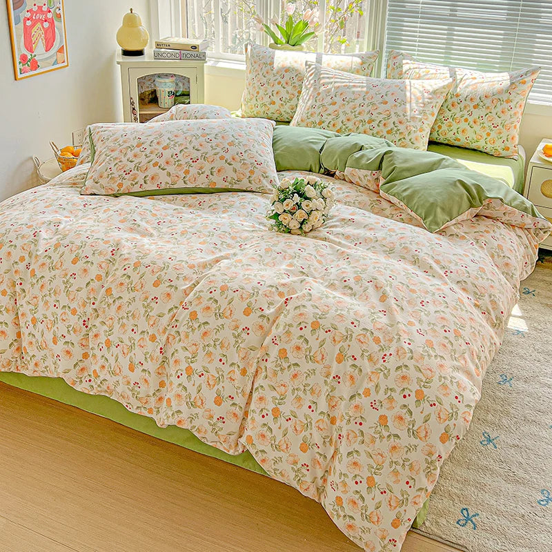 STORESDE American Pastoral Floral Printed Bedding Set Soft Skin-Friendly Double King Size Duvet Cover Set with Flat Sheet and Pillowcases