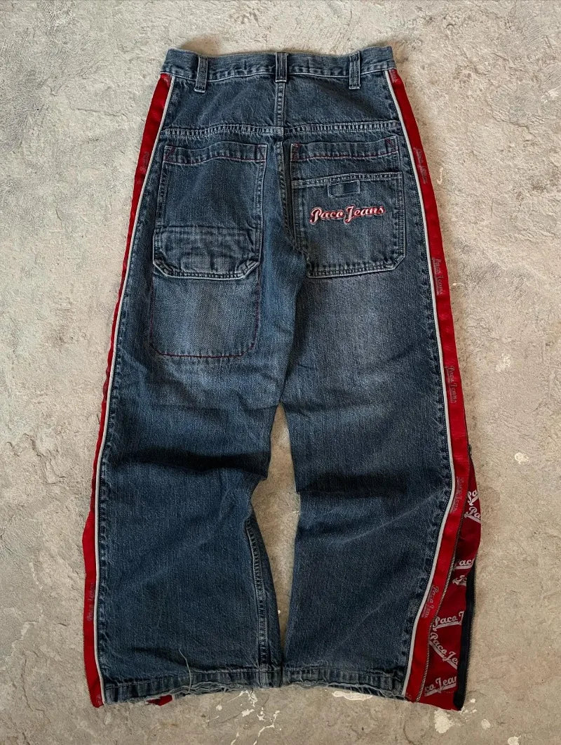 STORESDE Y2K Vintage Baggy Jeans Men Streetwear Red Side Zip Striped Denim Pants Hip Hop Embroidered Wide Leg Trouse