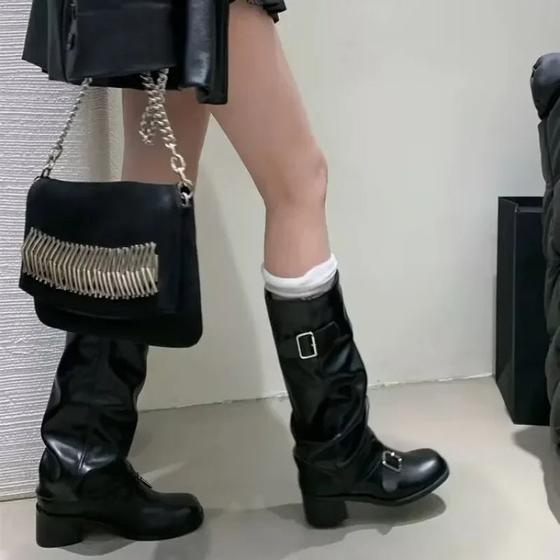 STORESDE Woman Boots Knee High Platform Chunky Heels Trend Punk Gothic New Rock Leather Fashion Women's Shoes Motorcycle Footwear Q221