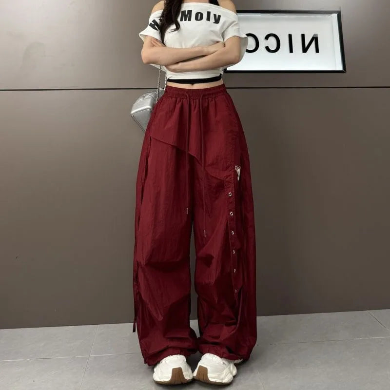 STORESDE American street quick drying retro military green work pants irregular design fake two-piece drawstring pleated casual pants