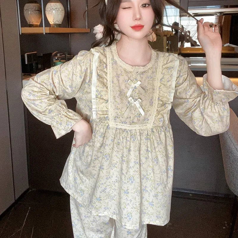 STORESDE Ladies Pajamas Garden Style Student Casual Long Sleeve Pants Two-Piece Bow Set Nightwear Women Four Season Academic Atmosphere