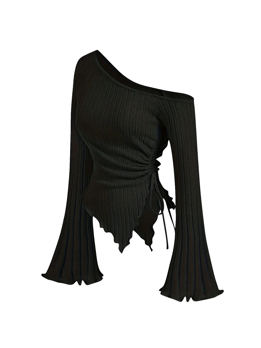 STORESDE women's New off shoulder cross long sleeved slim fit casual street style asymmetrical elegant T-shirt trumpet sleeve top