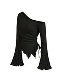 STORESDE women's New off shoulder cross long sleeved slim fit casual street style asymmetrical elegant T-shirt trumpet sleeve top