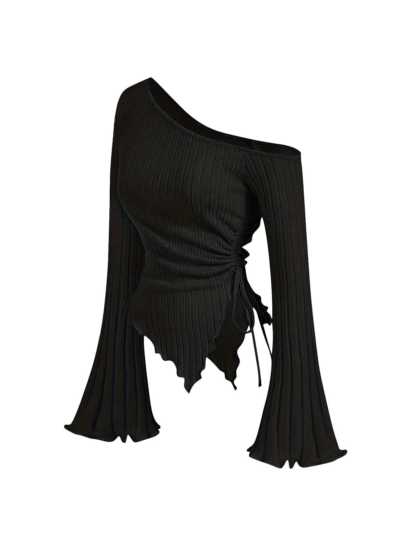 STORESDE women's New off shoulder cross long sleeved slim fit casual street style asymmetrical elegant T-shirt trumpet sleeve top