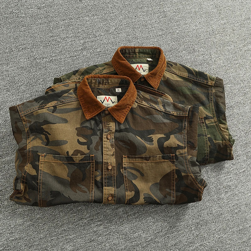 STORESDE 2025 Spring New American Retro Woven Twill Camouflage Cargo Shirt Men's 100% Cotton Washed Old Double Pocket Blouser Thin Jacket