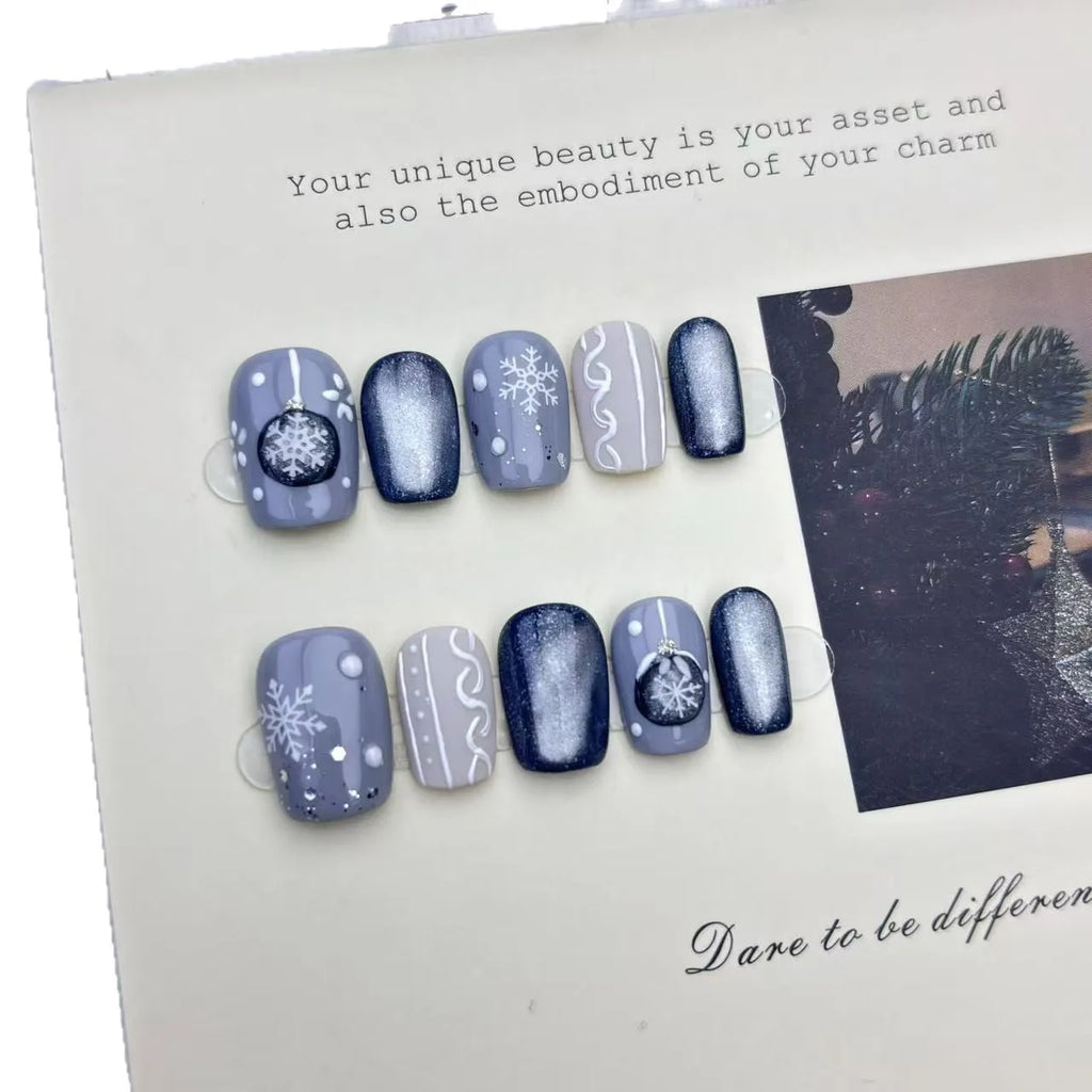 STORESDE 10pcs Handmade Press on Nails Christmas Frozen Blue Cat-Eye Full Coverage Nail Tips for Women&Girl Removable Wearable Nail Art
