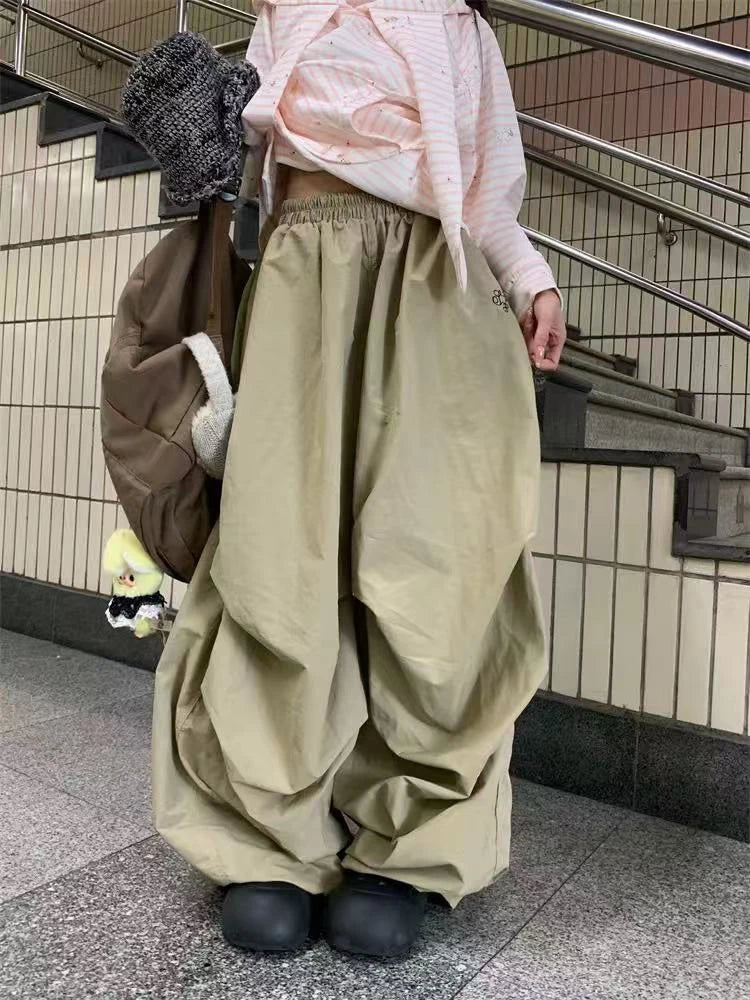 STORESDE American Baggy Parachute Pants Women Summer High Waist Oversized Cargo Trousers Y2K Loose Streetwear Folds All Match Pants Mujer