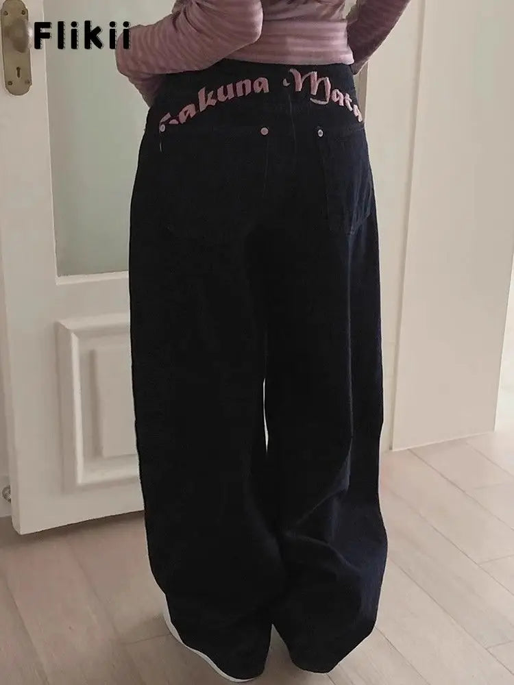 STORESDE Women's Sweet Casual Full Length Baggy Denim Trouser Retro Emo Harajuku Loose Jeans Letter Embroidery High Waist Y2K 2000s Pants
