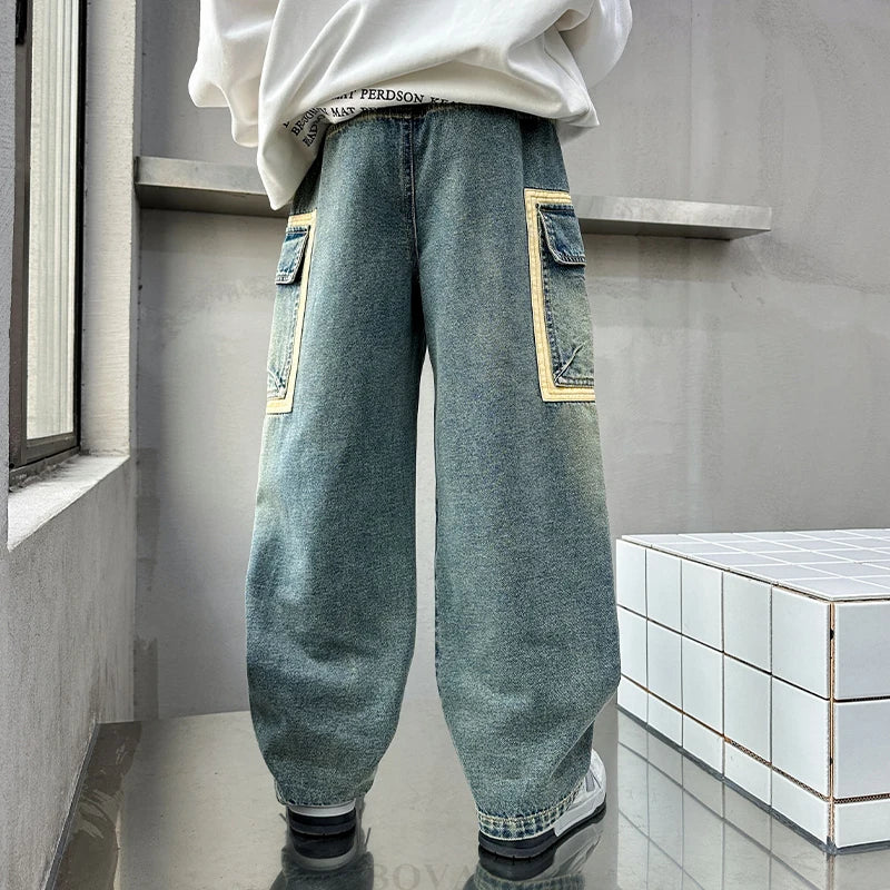 STORESDE New Design Children Relaxed Fit Straight Leg Cargo Jeans for Teenage Boys Loose Denim Pants with Pocket Kids Casual Trousers