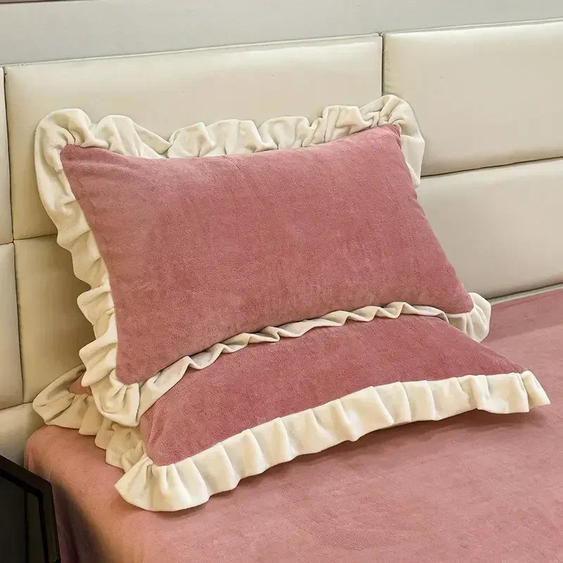 STORESDE Solid Color Autumn and Winter Thickened Pillowcase Milk Velvet Embroidered Pillowcase with Lace Design