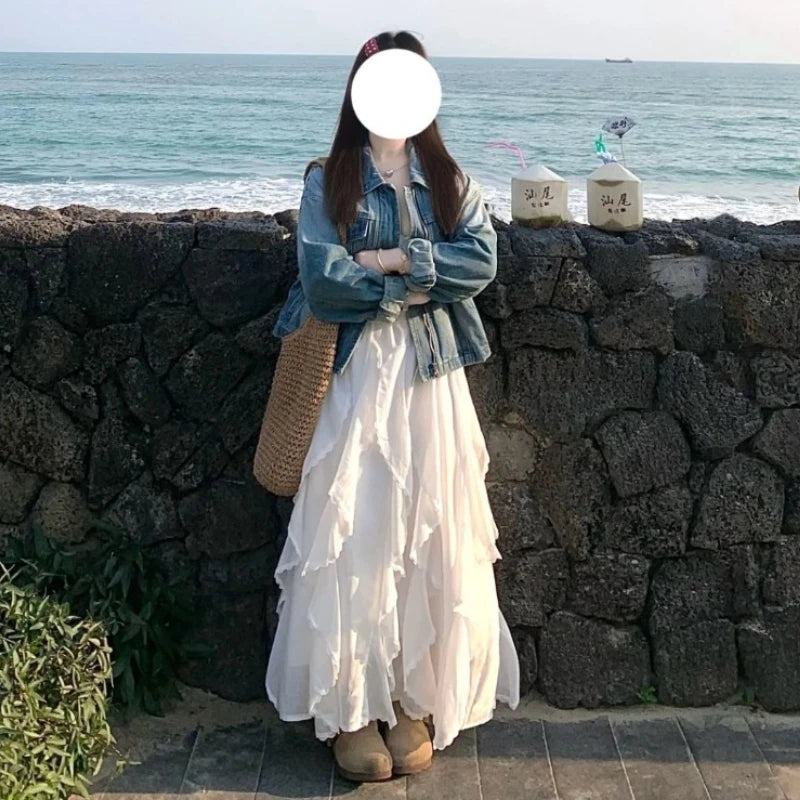 STORESDE Deeptown Sweet Elegant White Long Skirt Women Fairycore Korean Style Lace Ruffle Skirt Asymmetrical Retro Street Layered Skirts