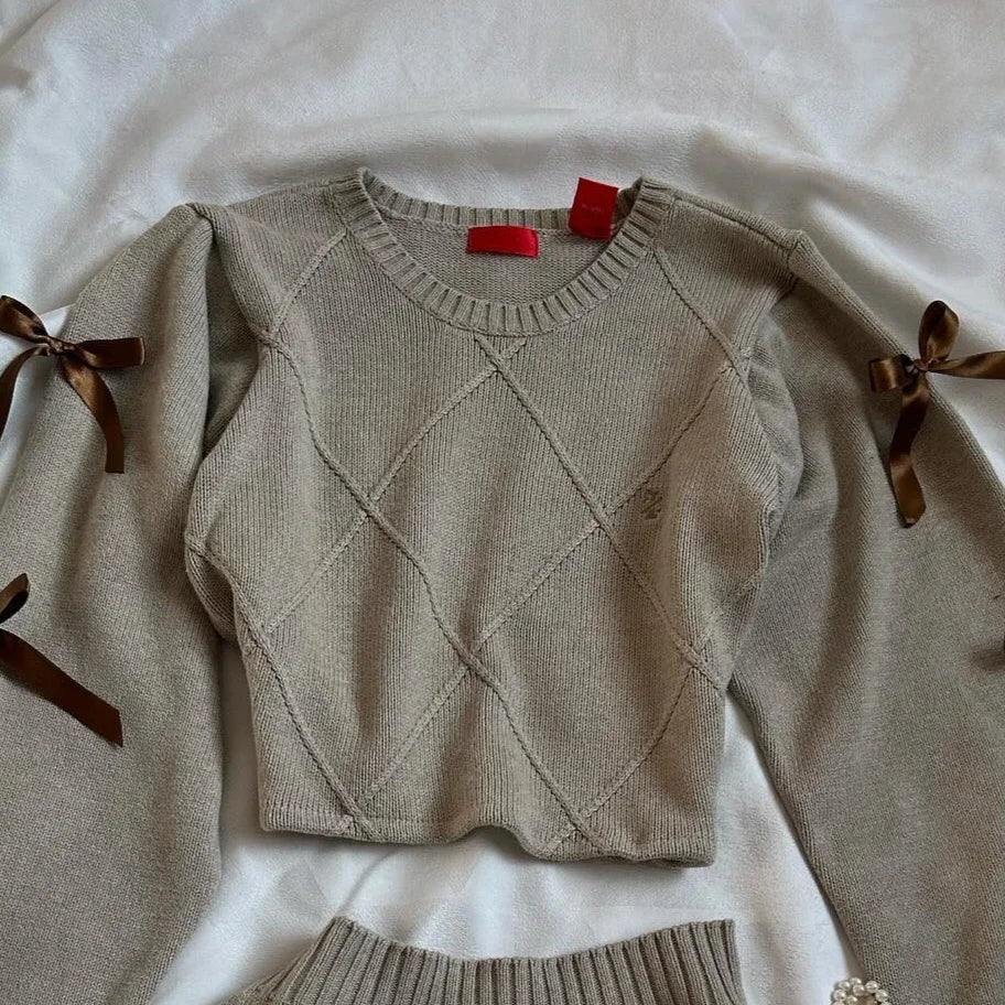 STORESDE Fashion Trend Y2k Knitted Splicing Two Piece Set Women Bow Long Sleeve Knitted Slimming Sexy Top Mini Pleated Skirt Autumn Set